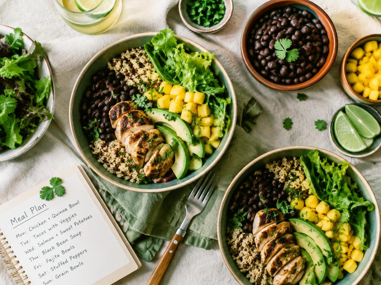 Bowls saludables con quinoa, pollo, aguacate y frijoles